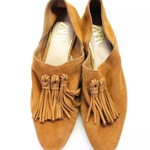 ZARA 100% Suede Leather Tan Moccasin Tassels Loafers Size 8 - Picture 8 of 12